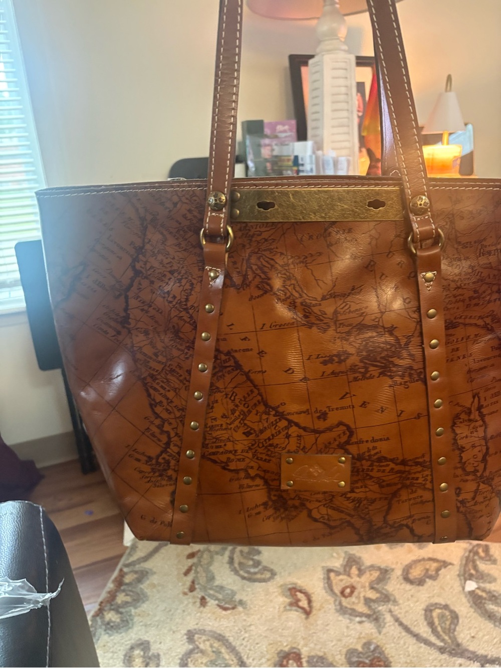 Patricia Nash Brown Map-Print Leather Tote